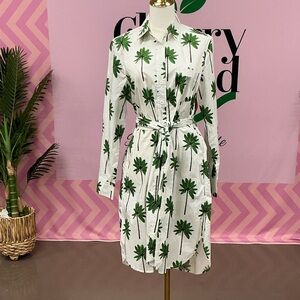 Katie K White Shirt Dress with Green Palm Print
